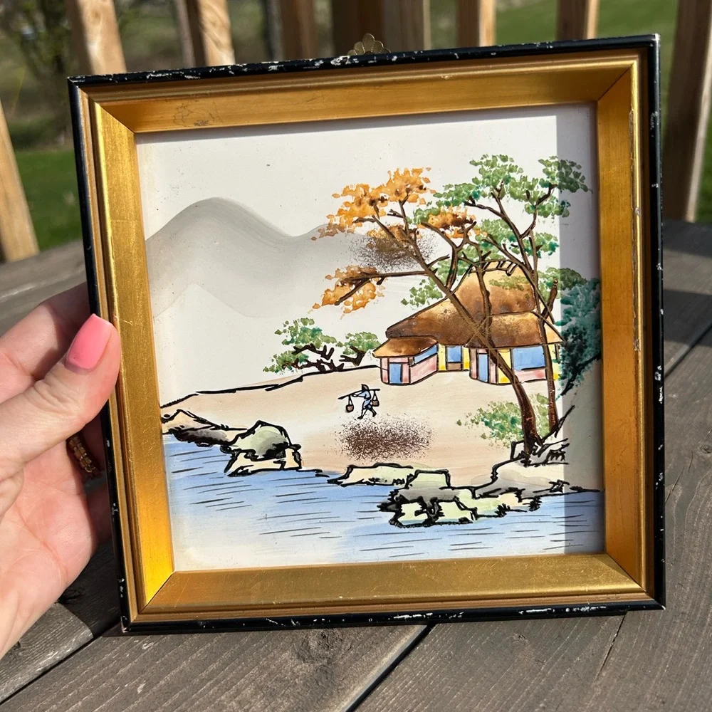 Vintage Japanese White w/ Black frame Landscape Water Fishing 7”x7” Japan - Picture 1 of 13